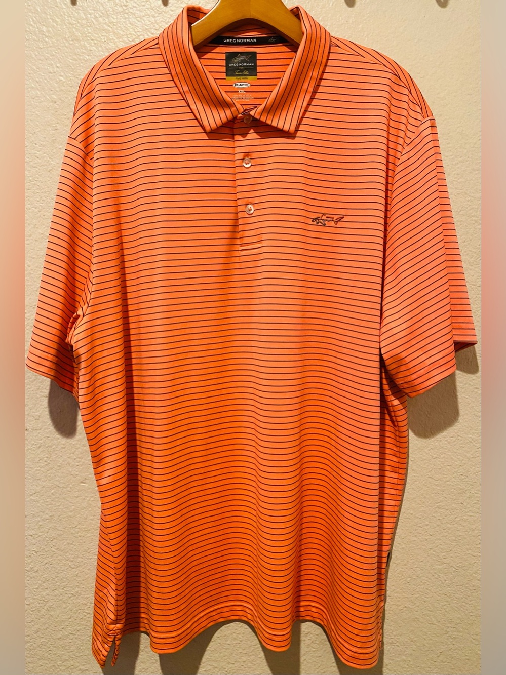 Greg Norman for Tasso Elba Men’s Orange Polo with Thin Black Stripes